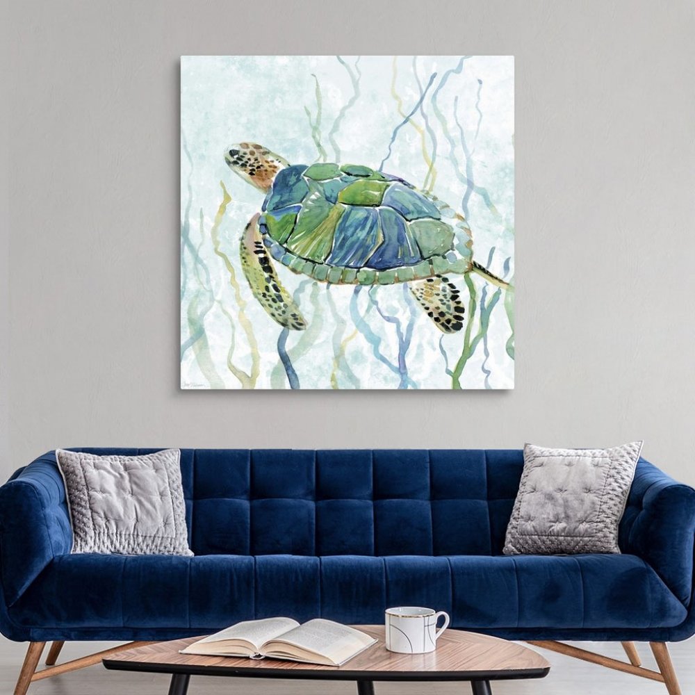 Carol Robinson Blue Sea Turtle Swim Canvas Wall Art 24" x 24" White Framed NEW